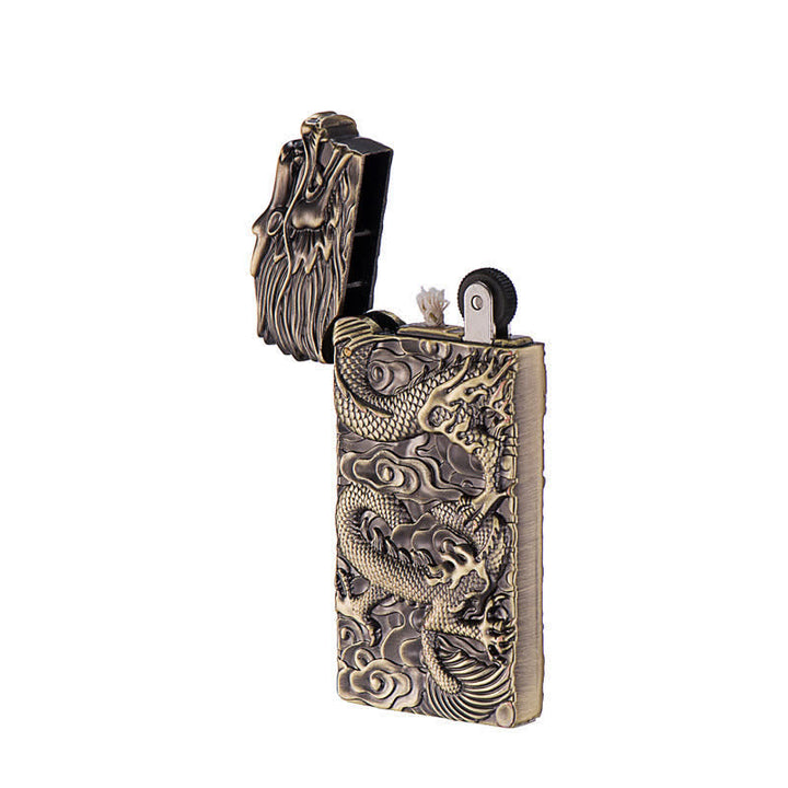 Briquet à huile rechargeable en bronze vintage avec dragon sculpté