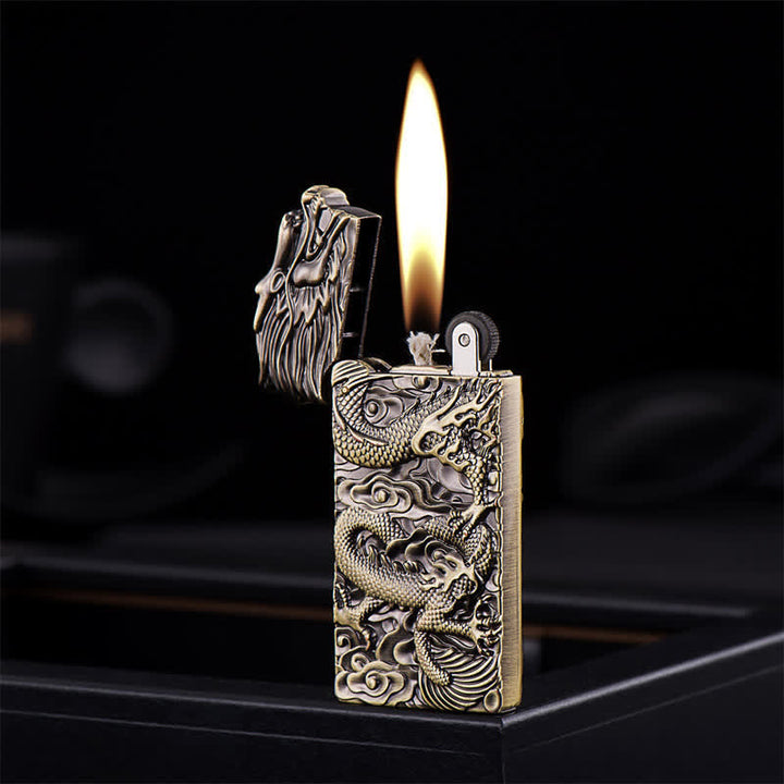 Briquet à huile rechargeable en bronze vintage avec dragon sculpté