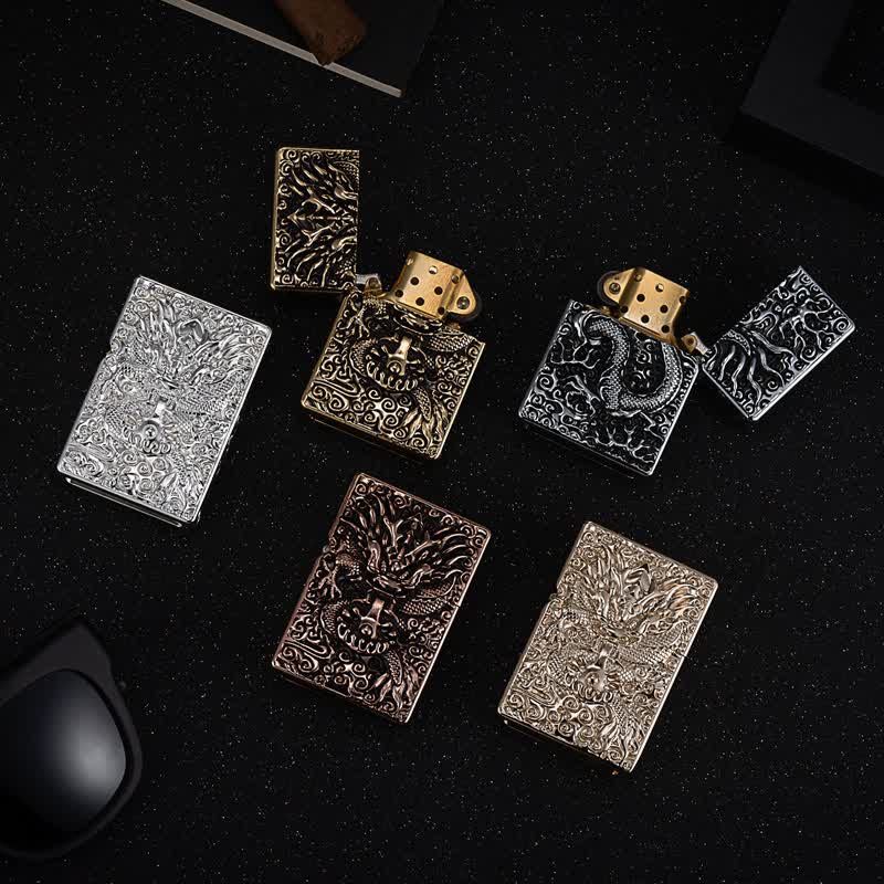 Briquet à pétrole rechargeable en forme de dragon sculpté classique