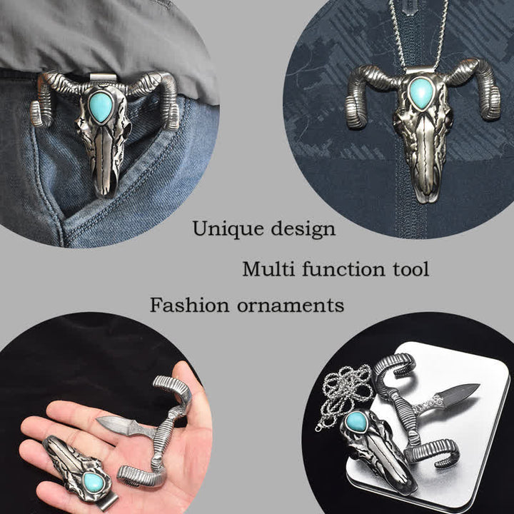 Boucle de ceinture multifonction en argent avec pendentif en forme de crâne de mouton turquoise (prévente)