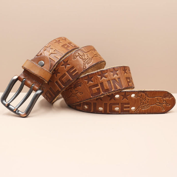 Ceinture en cuir avec motif cheval en relief et lettres anglaises