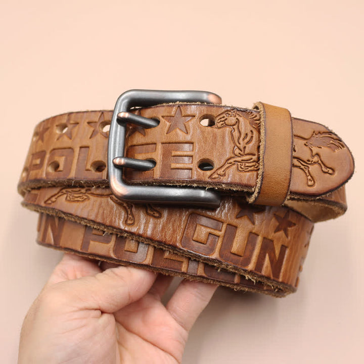 Ceinture en cuir avec motif cheval en relief et lettres anglaises