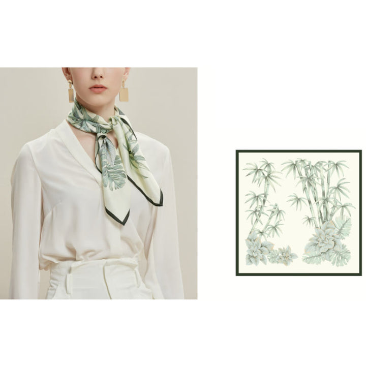 Foulard fin en soie pour femme avec chemin de bambou et ruisseau de fleurs printanières