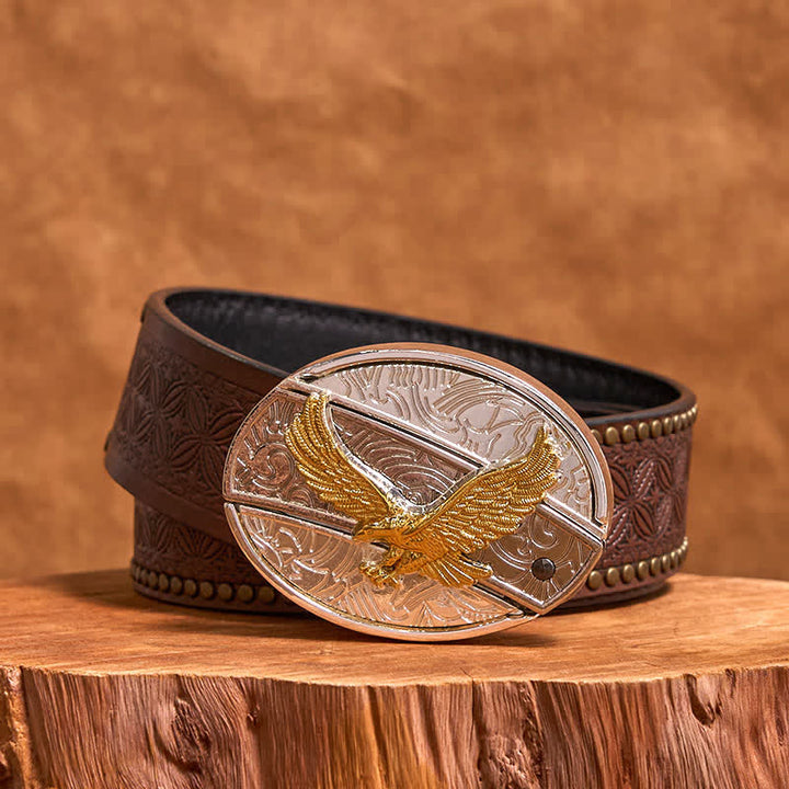 Ceinture en cuir pour homme avec couteau pliant caché en forme d'aigle doré et argenté - Aigle - Ceinture à rivets marron - 42 - image 6