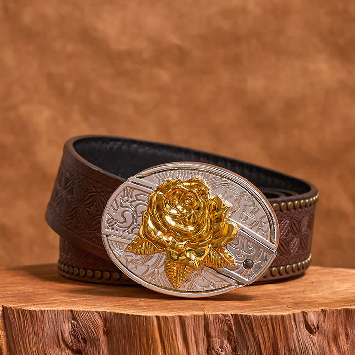 Ceinture en cuir pour homme avec couteau pliant dissimulé, motif rose doré et argenté (prévente)