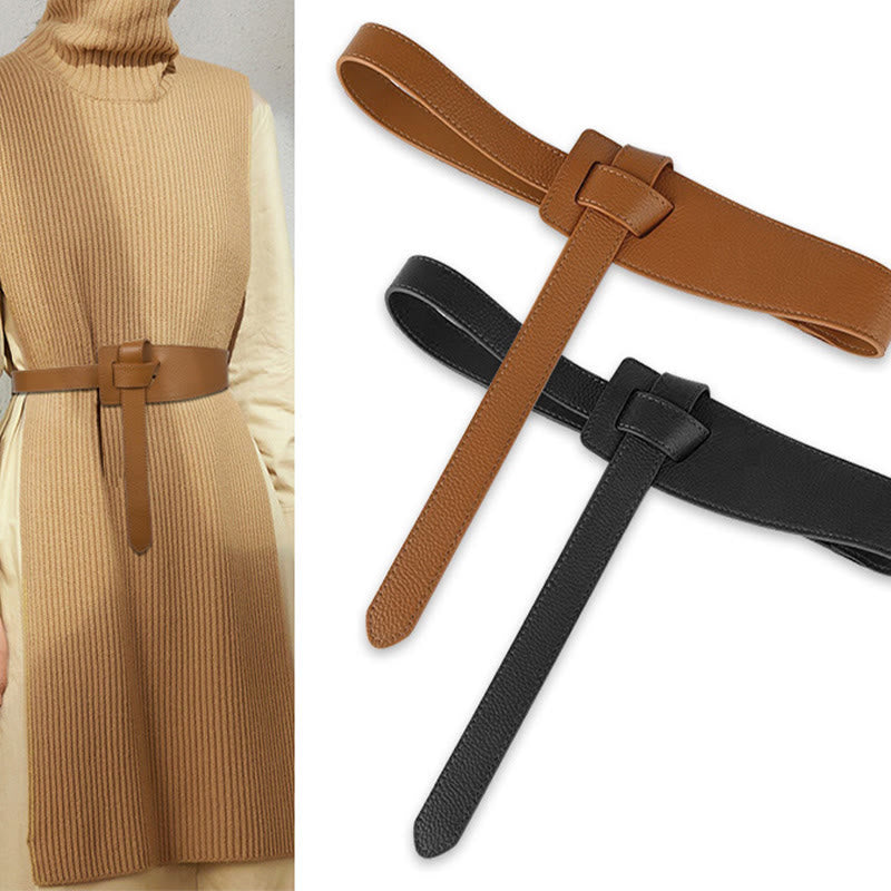 Ceinture en cuir pour femme avec nœud de couleur unie
