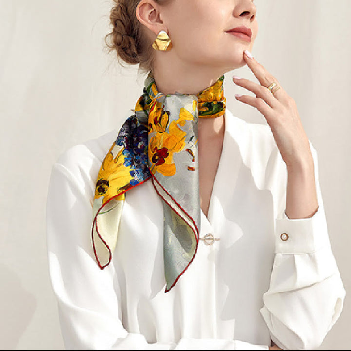 Écharpe fine en soie aux couleurs chaudes pour femmes au soleil du printemps
