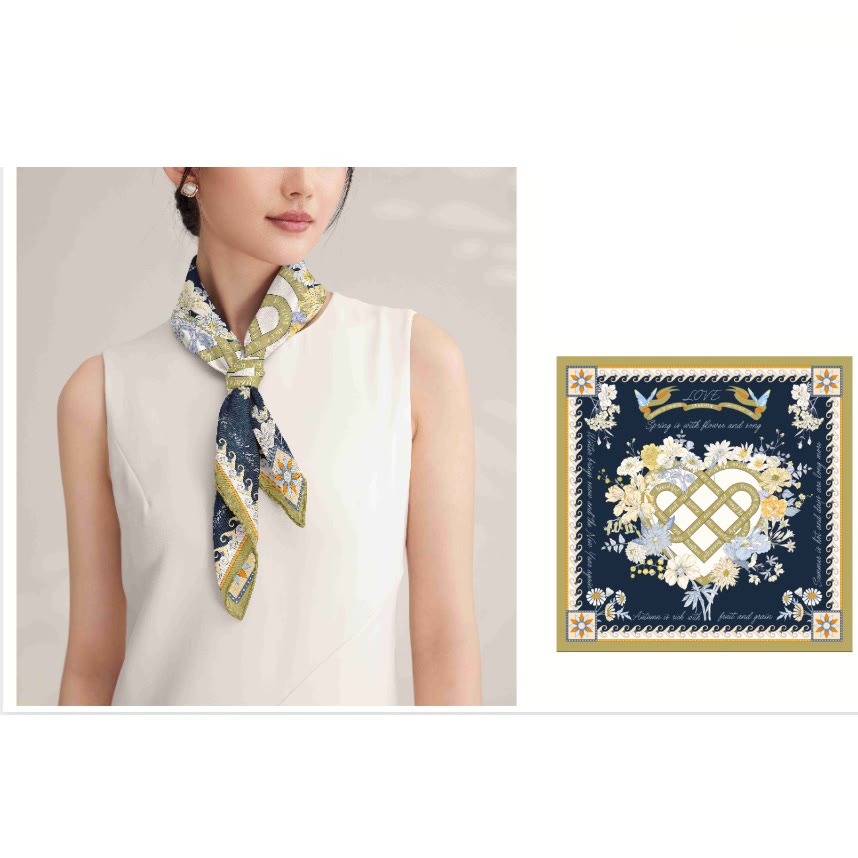 Foulard fin en soie pour femme, motif printemps, quatre saisons d'amour