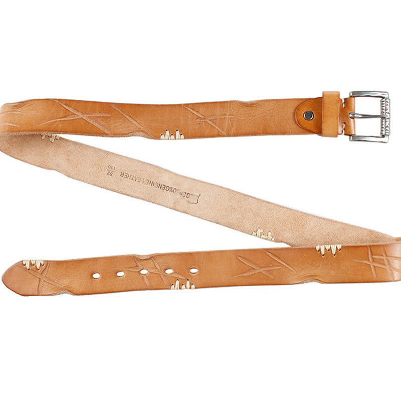 Ceinture en cuir blanc vieilli pour homme avec décor rétro