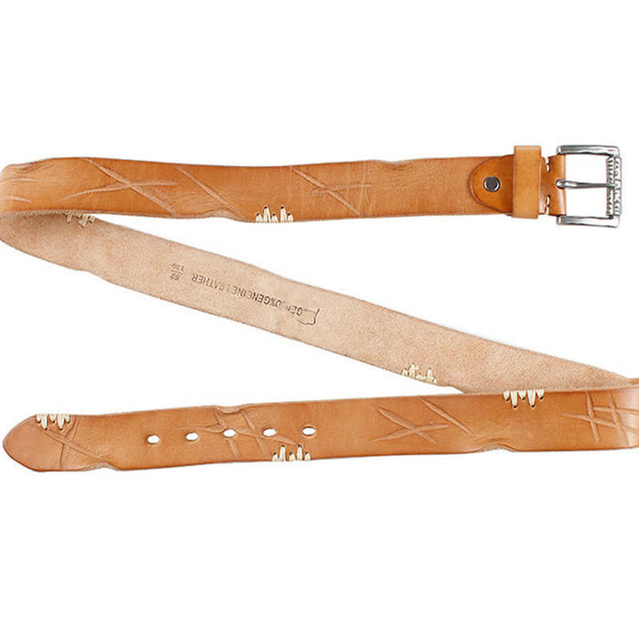 Ceinture en cuir blanc vieilli pour homme avec décor rétro