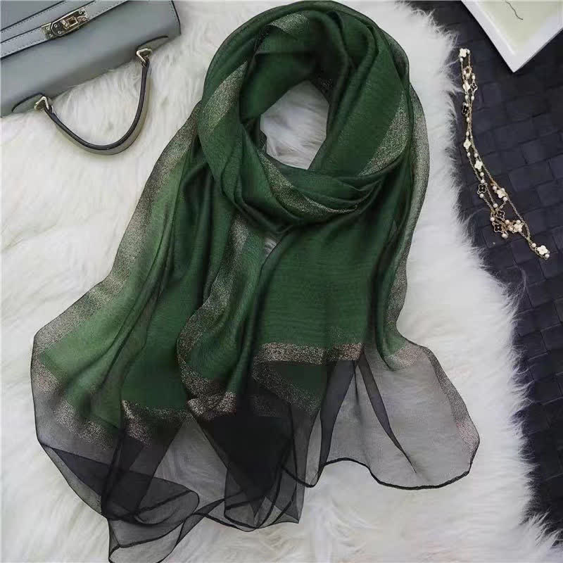Écharpe fine de couleur unie à bordure dorée de style exotique - Vert foncé - image 1