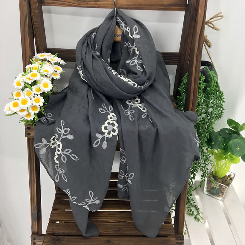 Écharpe fine brodée de fleurs en coton et lin pour femme