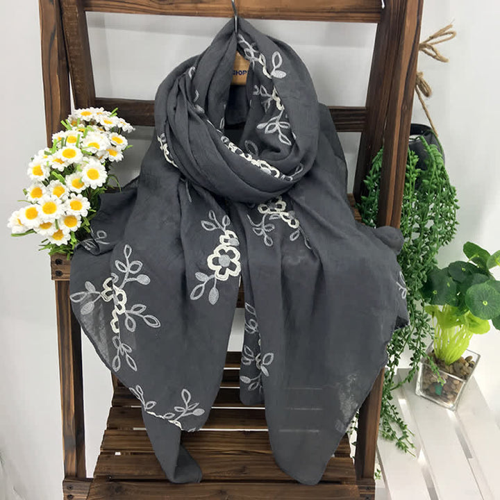 Écharpe fine brodée de fleurs en coton et lin pour femme