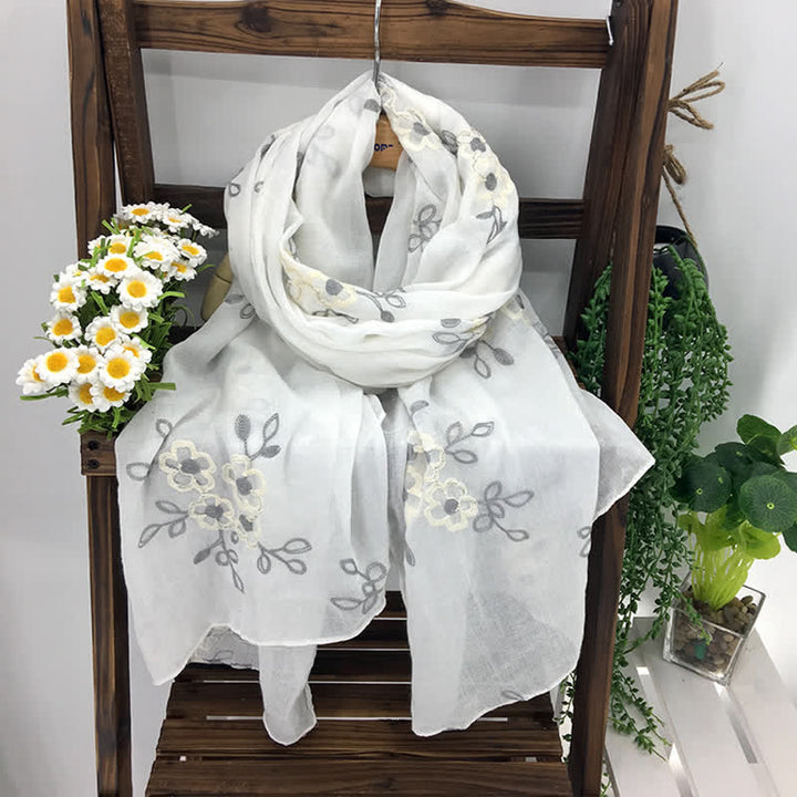 Écharpe fine brodée de fleurs en coton et lin pour femme