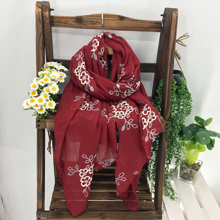 Écharpe fine brodée de fleurs en coton et lin pour femme