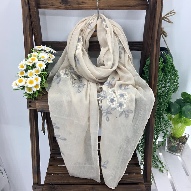 Écharpe fine brodée de fleurs en coton et lin pour femme