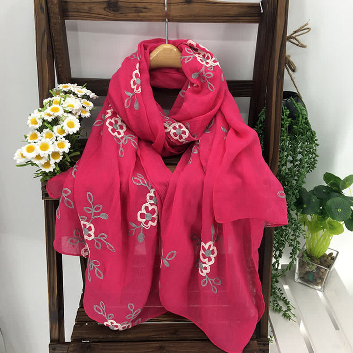 Écharpe fine brodée de fleurs en coton et lin pour femme