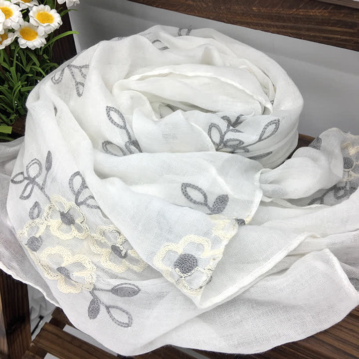 Écharpe fine brodée de fleurs en coton et lin pour femme