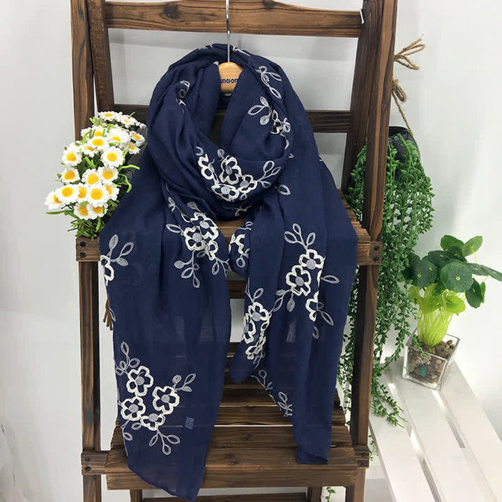 Écharpe fine brodée de fleurs en coton et lin pour femme