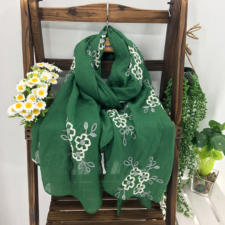 Écharpe fine brodée de fleurs en coton et lin pour femme