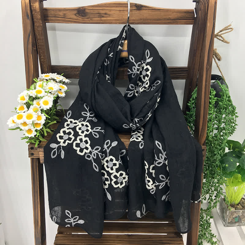 Écharpe fine brodée de fleurs en coton et lin pour femme