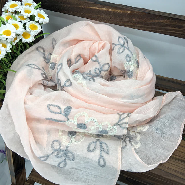 Écharpe fine brodée de fleurs en coton et lin pour femme