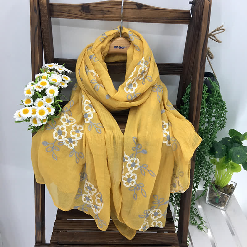 Écharpe fine brodée de fleurs en coton et lin pour femme