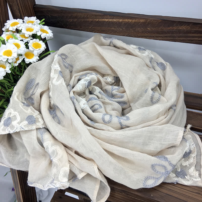 Écharpe fine brodée de fleurs en coton et lin pour femme