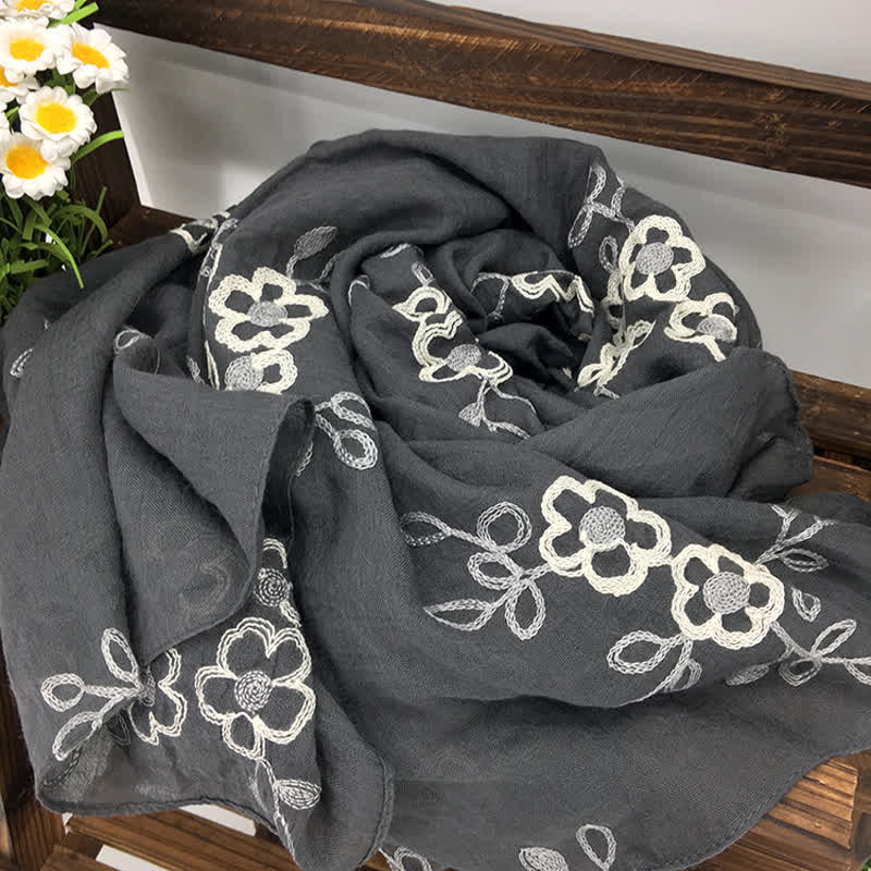 Écharpe fine brodée de fleurs en coton et lin pour femme