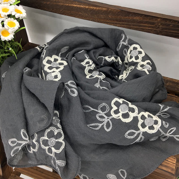 Écharpe fine brodée de fleurs en coton et lin pour femme