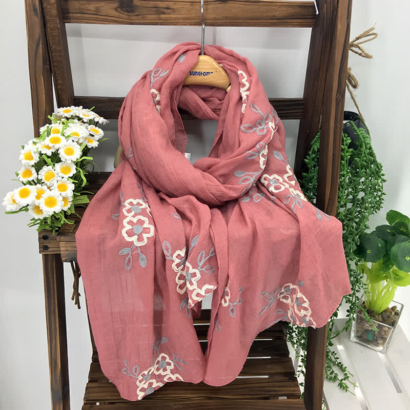Écharpe fine brodée de fleurs en coton et lin pour femme