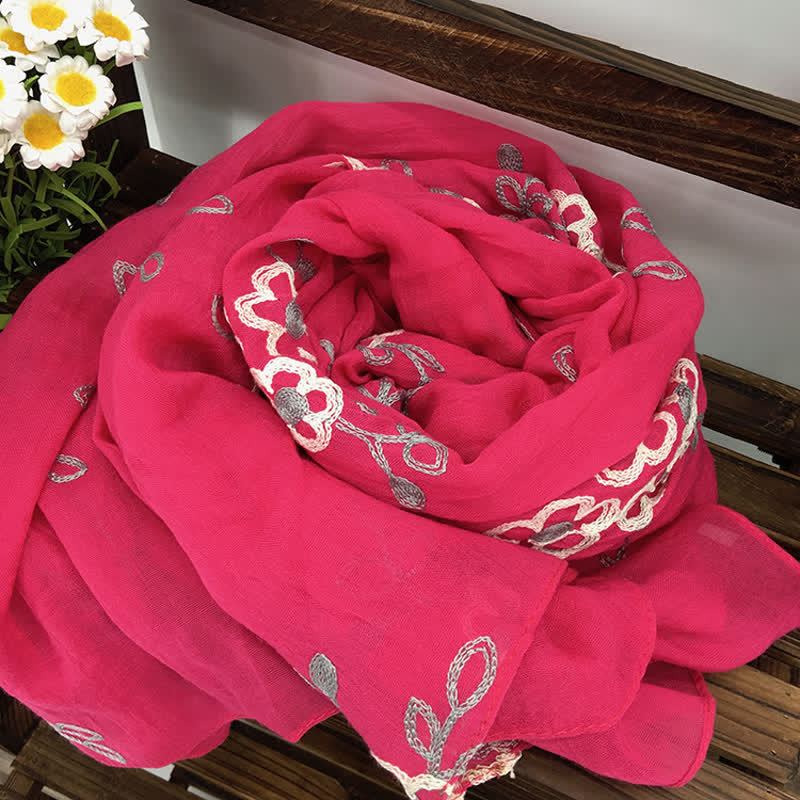 Écharpe fine brodée de fleurs en coton et lin pour femme