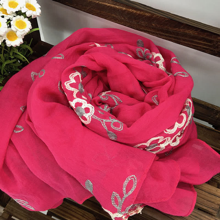 Écharpe fine brodée de fleurs en coton et lin pour femme