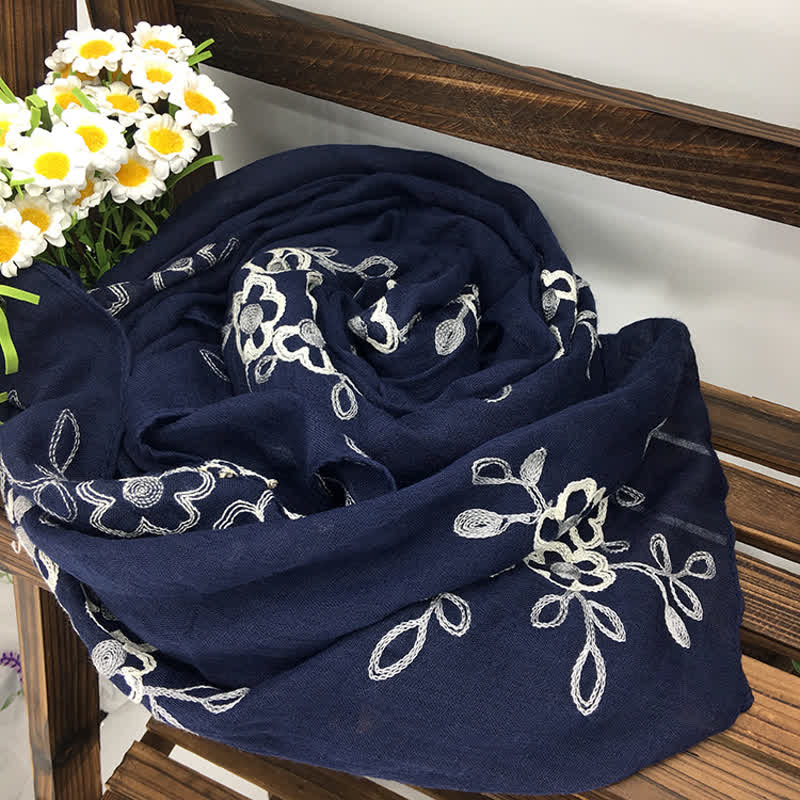 Écharpe fine brodée de fleurs en coton et lin pour femme