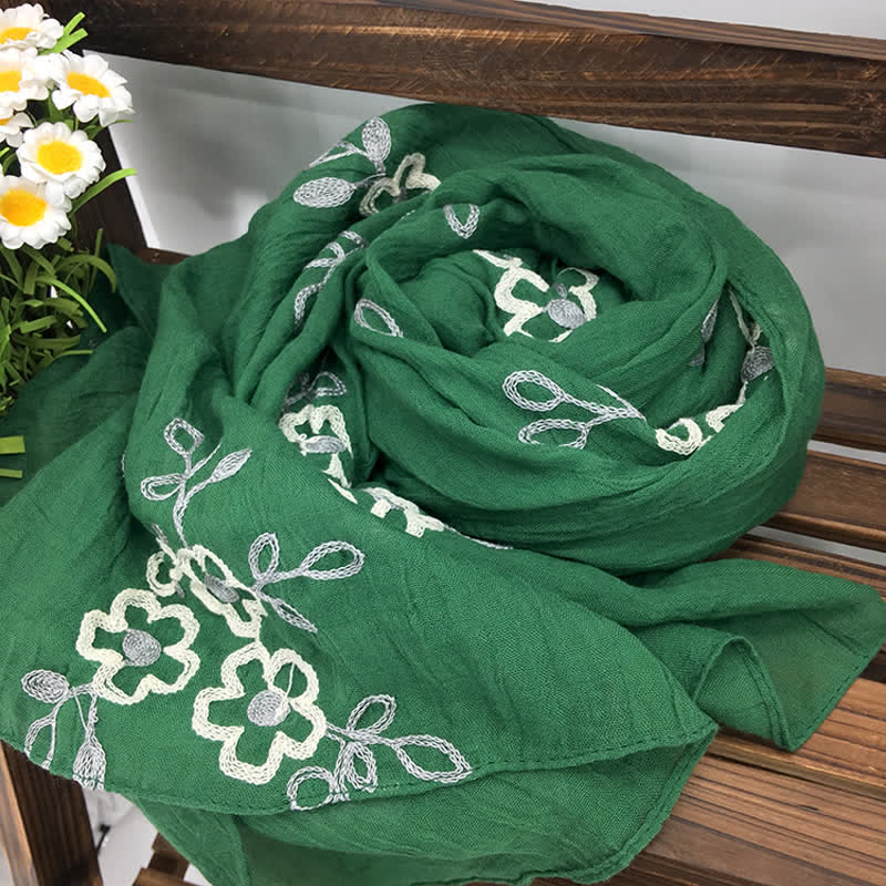 Écharpe fine brodée de fleurs en coton et lin pour femme