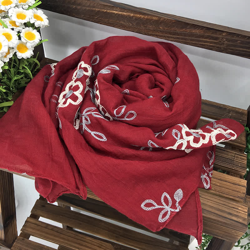 Écharpe fine brodée de fleurs en coton et lin pour femme