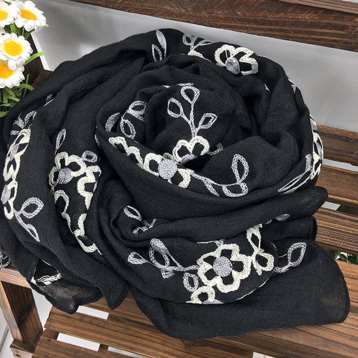 Écharpe fine brodée de fleurs en coton et lin pour femme