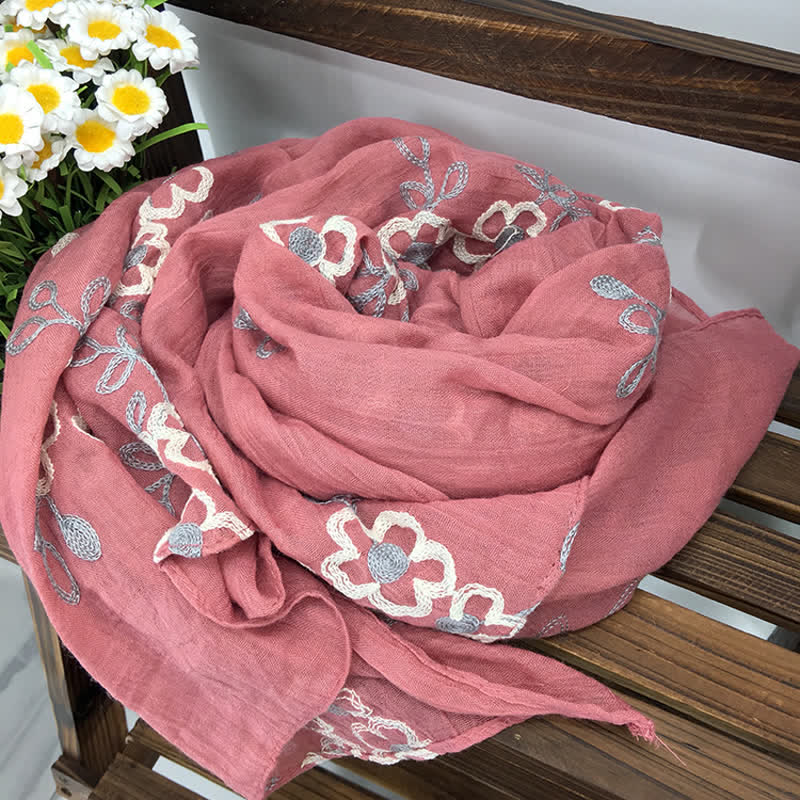 Écharpe fine brodée de fleurs en coton et lin pour femme