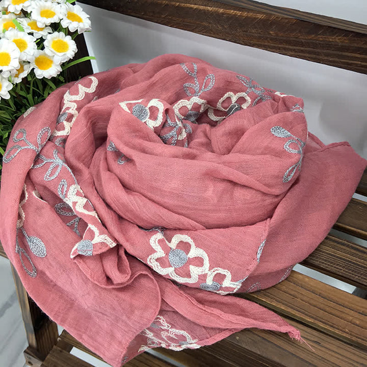 Écharpe fine brodée de fleurs en coton et lin pour femme