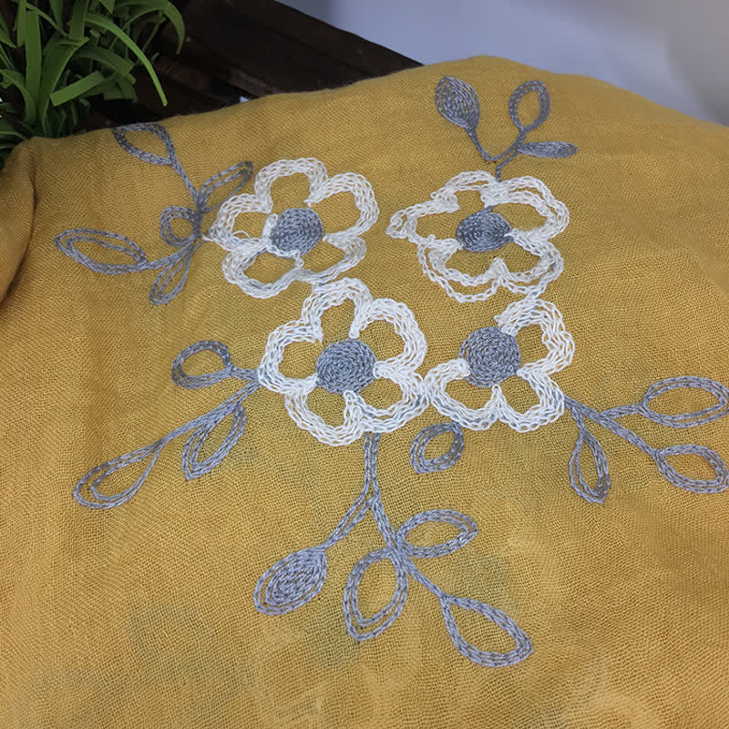 Écharpe fine brodée de fleurs en coton et lin pour femme