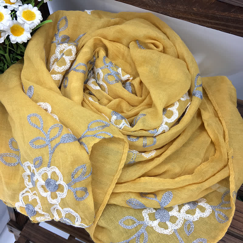 Écharpe fine brodée de fleurs en coton et lin pour femme