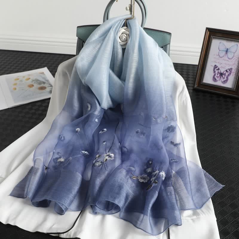 Écharpe fine à broderie florale dégradée de couleurs pour femme - Bleu - image 0