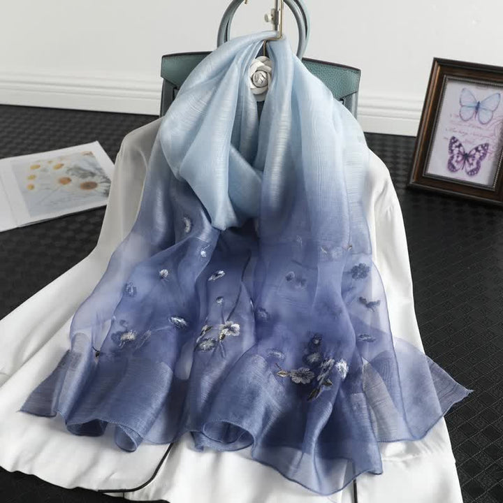 Écharpe fine à broderie florale dégradée de couleurs pour femme - Bleu - image 0