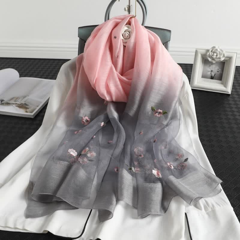 Écharpe fine à broderie florale dégradée de couleurs pour femme