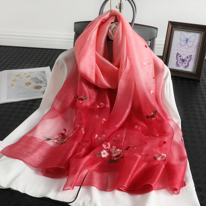Écharpe fine à broderie florale dégradée de couleurs pour femme