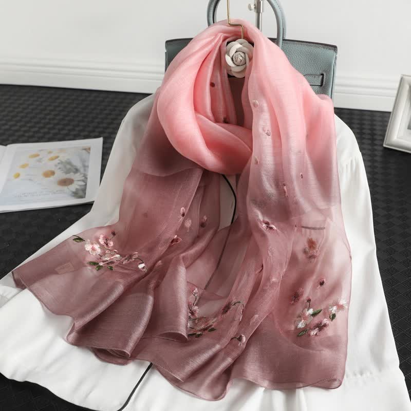 Écharpe fine à broderie florale dégradée de couleurs pour femme