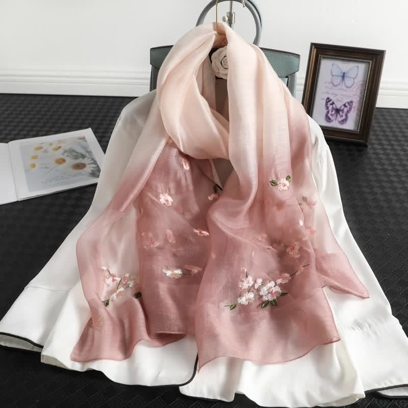 Écharpe fine à broderie florale dégradée de couleurs pour femme