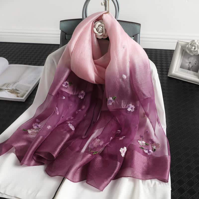 Écharpe fine à broderie florale dégradée de couleurs pour femme