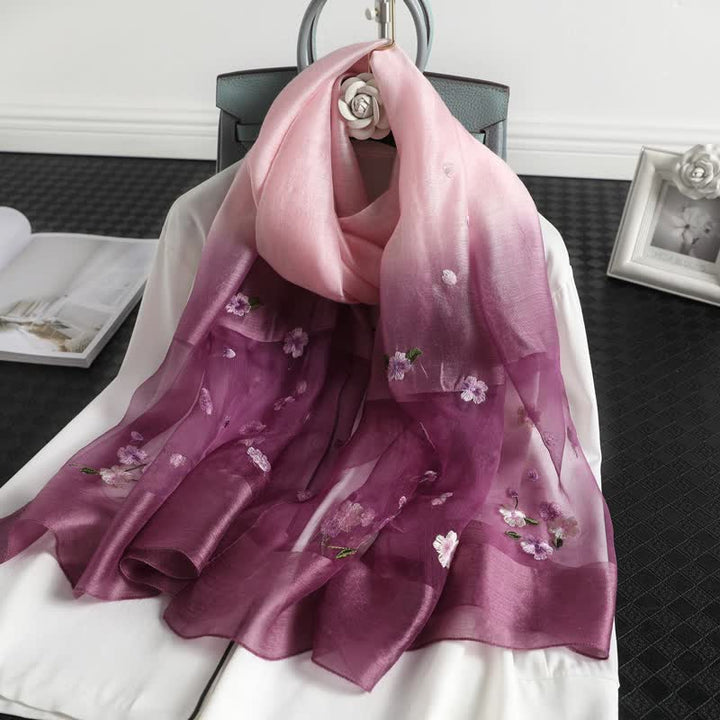 Écharpe fine à broderie florale dégradée de couleurs pour femme