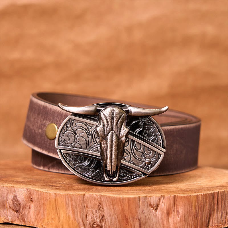 Ceinture en cuir avec boucle vintage western argentée et couteau caché à faire soi-même, tête de taureau